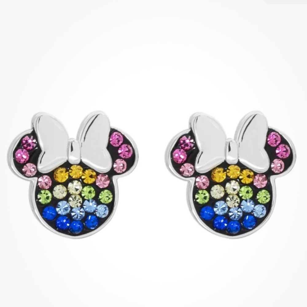 Disney Womens Minnie Mouse Sterling Silver Rainbow Crystal Stud Earrings New